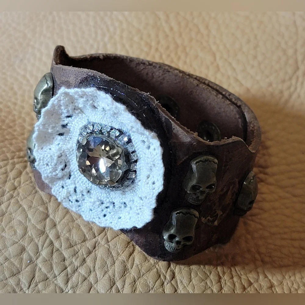 Leather & Lace Cuff Bracelet With Skulls & Crystal Rhinestones Handmade - Picture 6 of 12